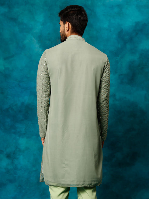 Men's Mint Green Georgette Sequins  Kurta